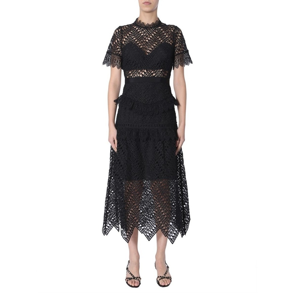 Self-Portrait Black Guipure Tiered Lace Midi Dress Size 0 Short Sleeve Goth